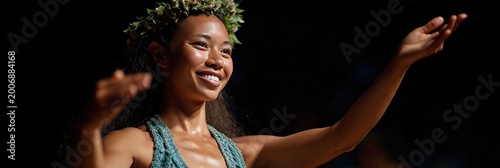 Hula dancer - hawaiian woman performs traditional island flow dance with purposeful movements to represent her islander culture and tropical tradition