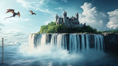 Majestic castle above waterfalls a fantasy landscape with dragons soaring