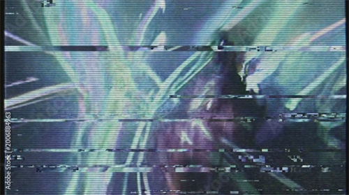 фотографія An abstract digital background featuring a heavily corrupted CRT screen with severe glitch effects, static noise, and analog VHS distortion