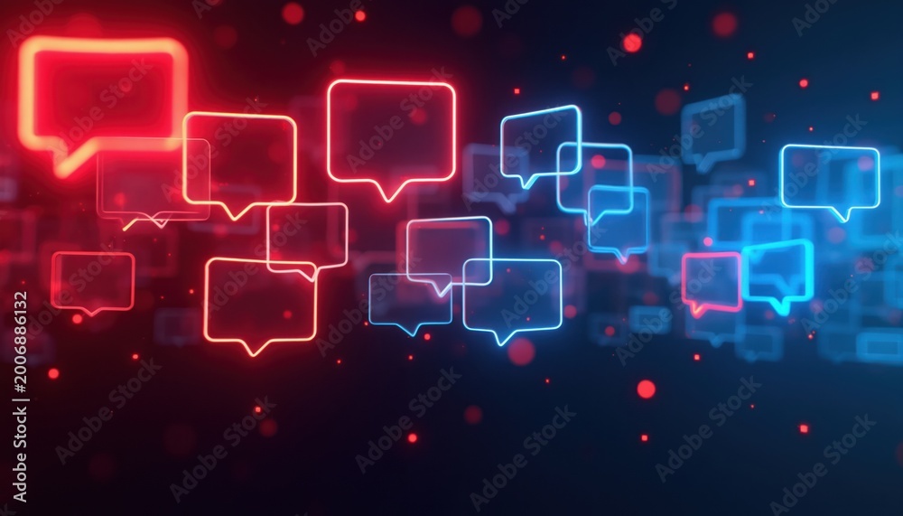 Naklejka premium Neon glowing red, blue speech bubbles float on dark background with red bokeh lights. Abstract communication, interaction concept with modern tech feel. Dynamic shapes suggest conversation, ideas.