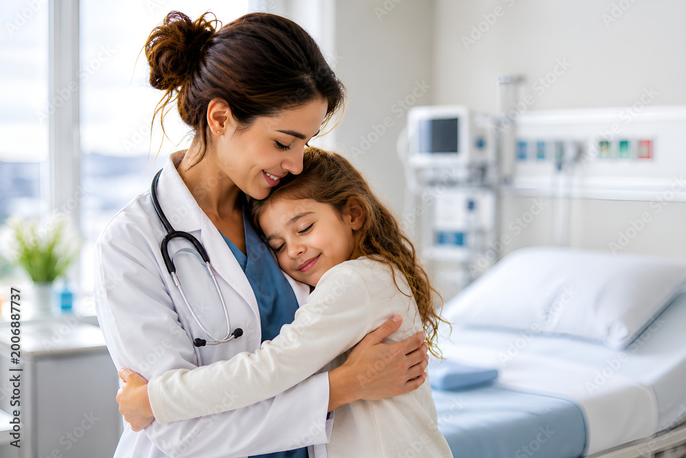 Fototapeta premium Mother’s Day Doctor Mom Hugging Child in Hospital – Healthcare and Love Concept