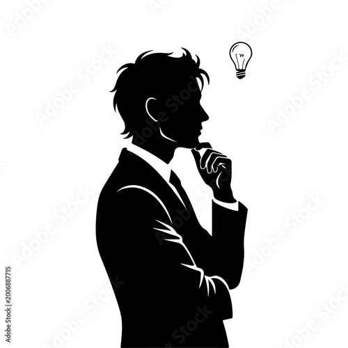 Silhouette of a man in a suit thinking, with a lightbulb icon symbolizing an idea.