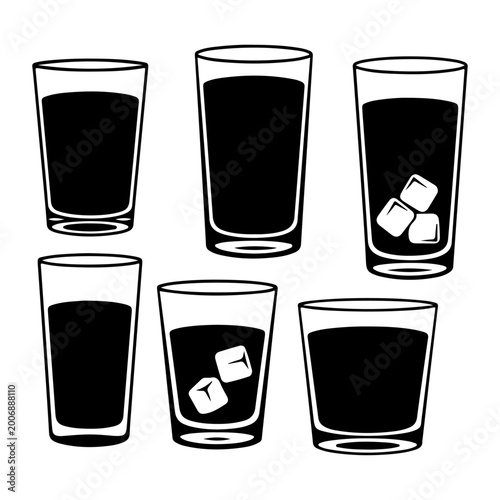 Photos set of six water glasses with ice cubes minimalist line art illustration