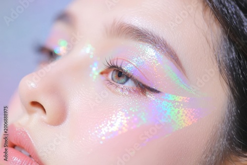 Close-Up Portrait with Sparkling Eye Makeup and Holographic Effect, Rainbow gradients and iridescent surfaces