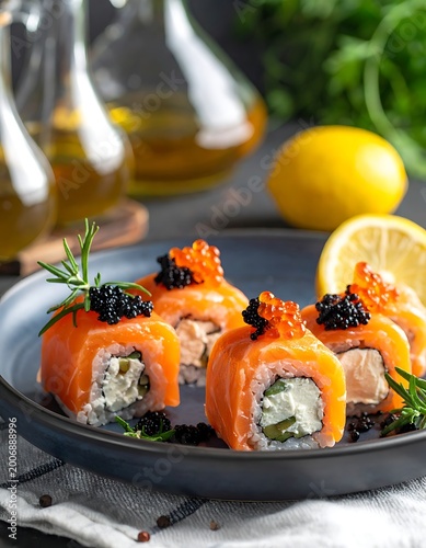 A plate of sushi rolls with salmon and caviar on top