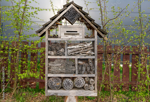 Wooden insect hotel filled with bamboo tubes, drilled logs, pine cones, bark and twigs stands among young green shrubs, creating habitat for solitary bees, pollinators and beneficial garden insects.