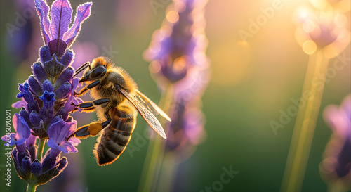 Honey bee collecting nectar from dew-covered lavender flower in golden sunrise light, macro detail, nature's organic beauty