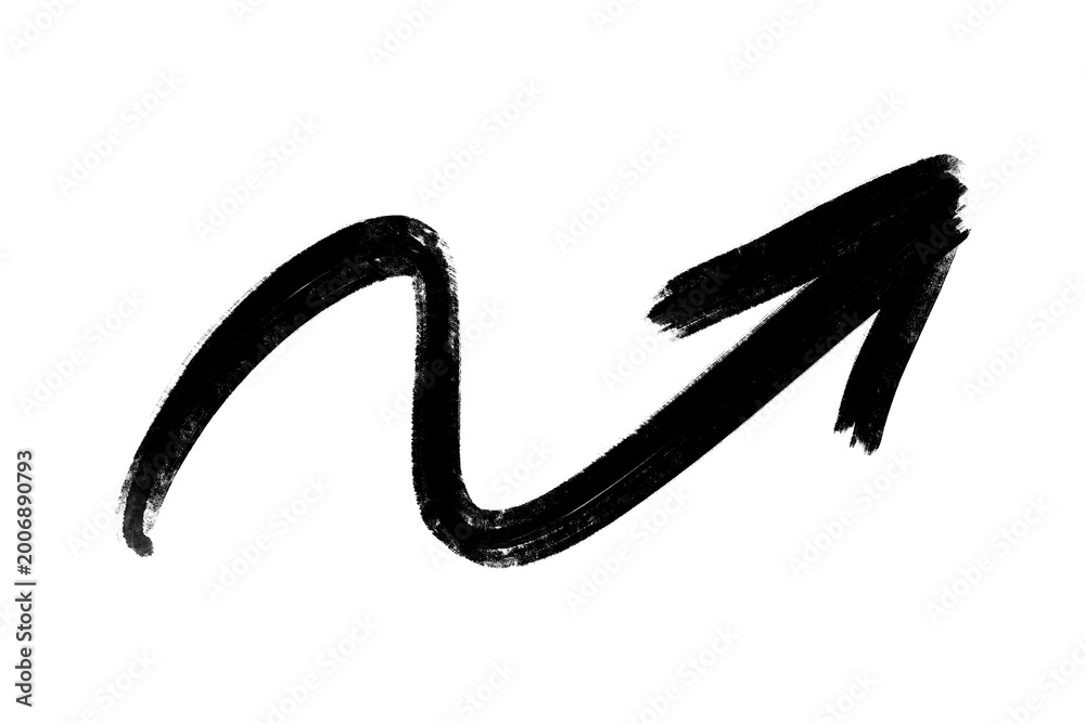 Fototapeta premium Wavy black arrow pointing up right, hand drawn ink brush stroke movement symbol.