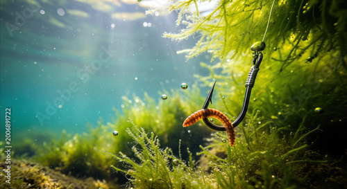 Underwater fishing hook with wriggling worm bait submerged in lush green algae, representing sport angling and nature's aquatic bounty.