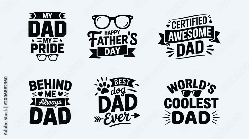Fototapeta premium Set of father day typography graphics with glasses and dog paw design elements.