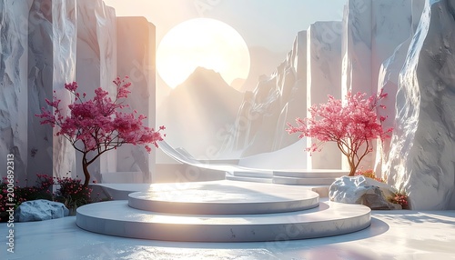A serene, futuristic landscape with a circular stage amidst pink trees