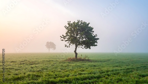 A serene landscape with a lone tree in a vast green field