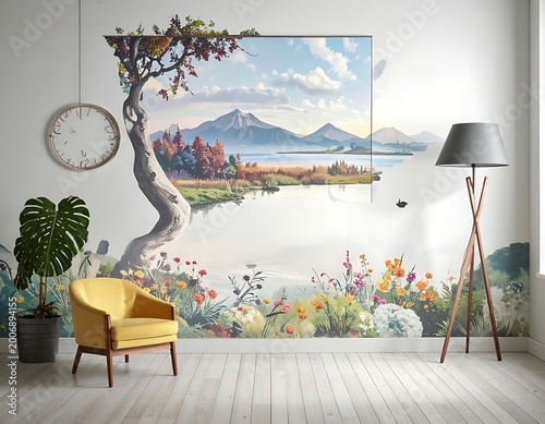 A serene room with a scenic landscape painting