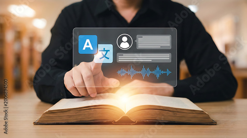 Fototapeta Student using digital holographic language translator interface over an open glowing book in a library