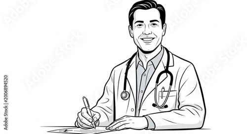 Foto Smiling Doctor Wearing Stethoscope Writing Prescription at Desk.