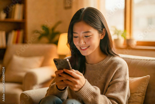 Radiant young Korean woman holding her smartphone with a gentle smile in a cozy sunlit indoor space