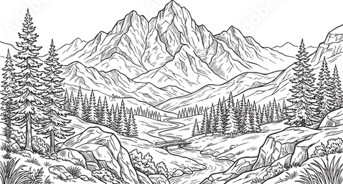 Majestic mountain landscape with pine forest line art, a hand-drawn vector sketch of a valley with a river and a wooden bridge.