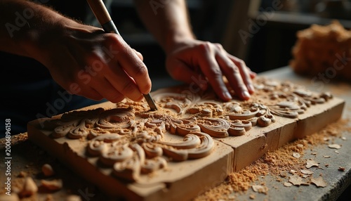 Hands carve ornate pattern into wood block. Craftsman uses chisel on decorative detail. Workshop dust covers surface of wood piece. Artistry in woodworking process is clear.