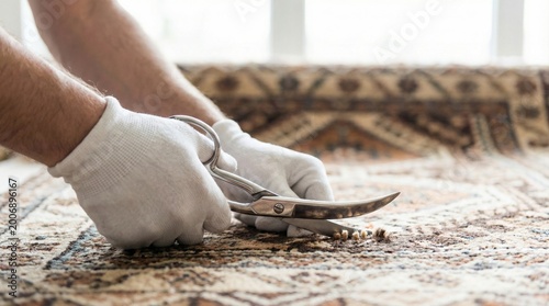 Artisan wearing white gloves using curved scissors to carefully trim a traditional woven rug