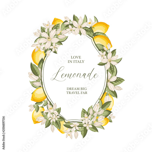 Lemon vintage frame. Italian vector background. Fresh lemon and green