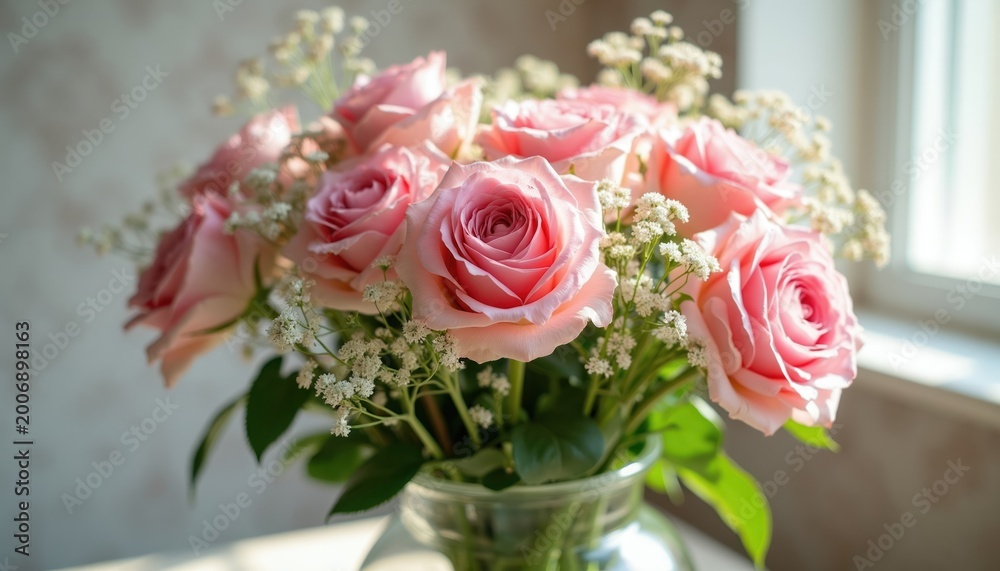 Obraz premium Pink roses with baby breath fill clear vase. Soft light highlights delicate petals. Floral arrangement creates elegant room decor. Fresh blossoms bring natural beauty.