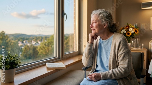 Senior woman contemplating future looking out hospital window