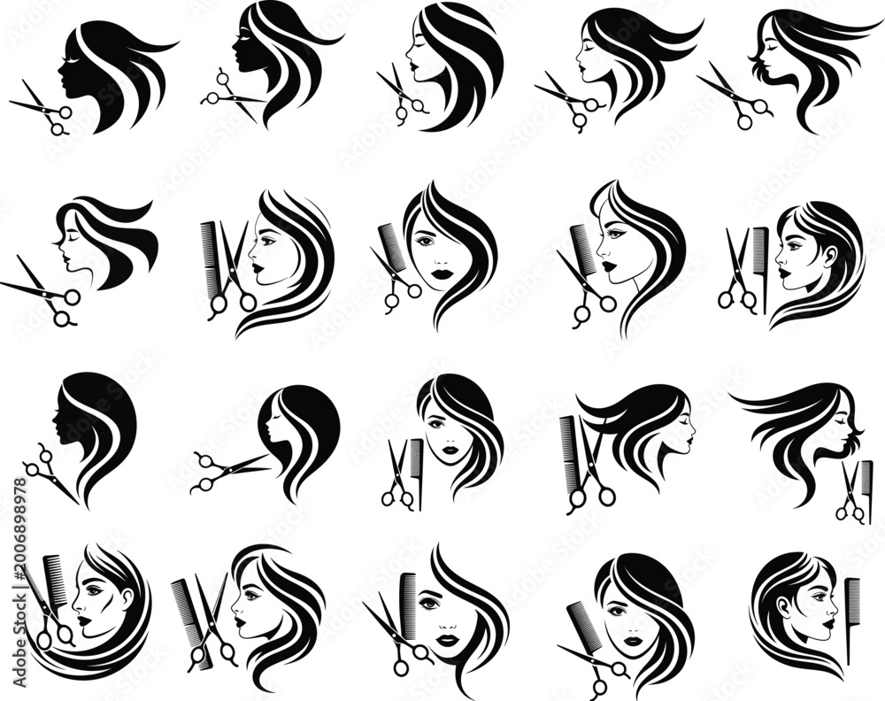 Fototapeta premium Hairdresser silhouettes featuring women with elegant hairstyles alongside professional grooming tools represent a beauty salon collection.
