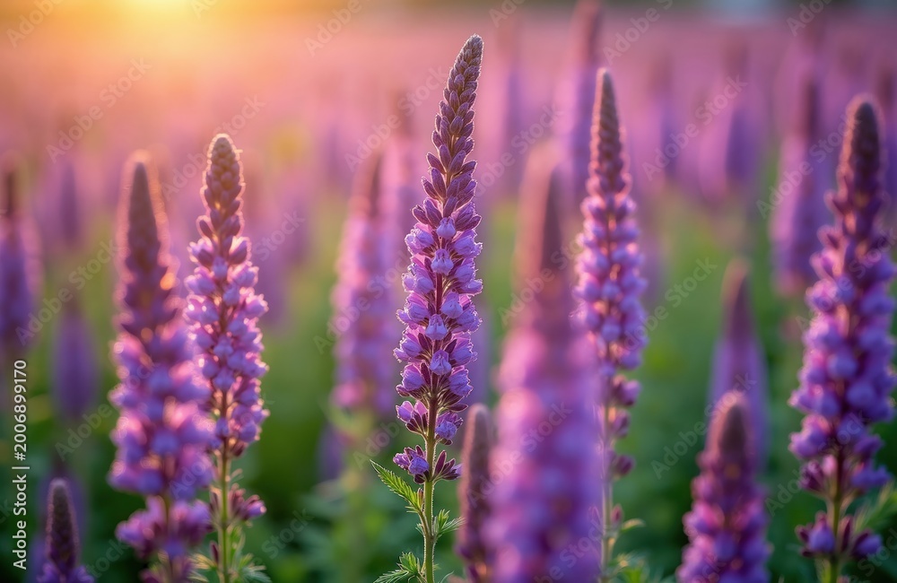 Obraz premium Purple wildflowers grow in a field during golden hour sunset. Soft light illuminates green grass and blooming plants. Natural beauty in summer meadow.
