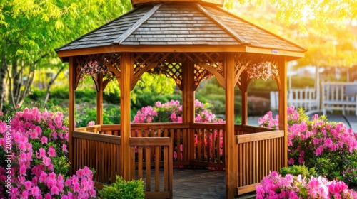 Wooden gazebo in a garden, surrounded by pink azaleas, bathed in sunlight