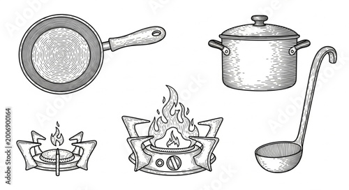 Foto Cooking utensils and pots on fire.