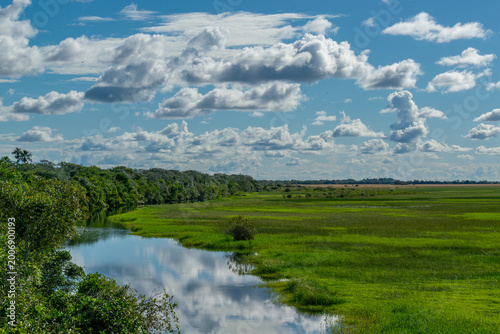 Green meadow landscape blue sky white clouds Colombia