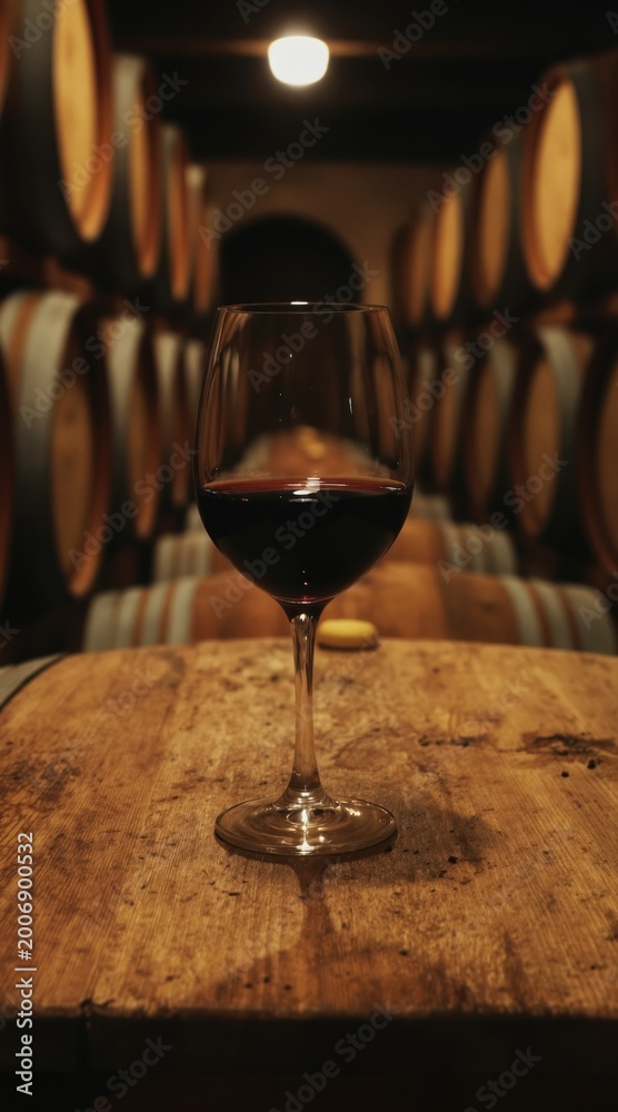 Naklejka premium Glass of dark red wine rests on wooden surface in cellar lined with aging barrels. Traditional Portuguese winery ambiance, sense of heritage and rich flavor.