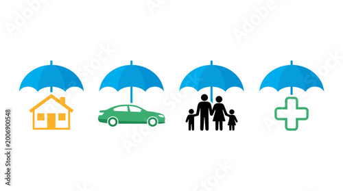 vector insurance protection icons set with house property car auto family life and health medical umbrella
