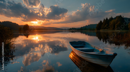Minimal sunset over still lake with soft reflection 