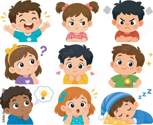 Diverse group of children character expressions illustrating various moods
