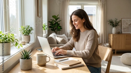 Morning Remote Work Scene with Laptop Coffee and Plants in Cozy Workspace