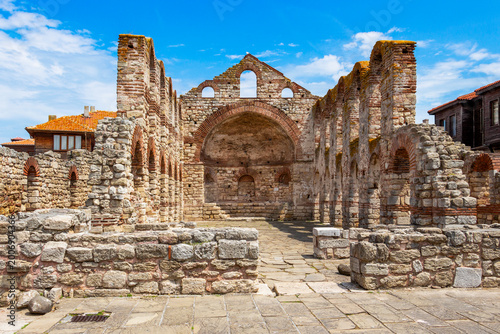 Hagia Sophia Church, Church of Saint Sofia or the Old Bishopric under sunny cloudless sky in Old Town Nessebar, Burgas Province, Bulgarian Black Sea coast