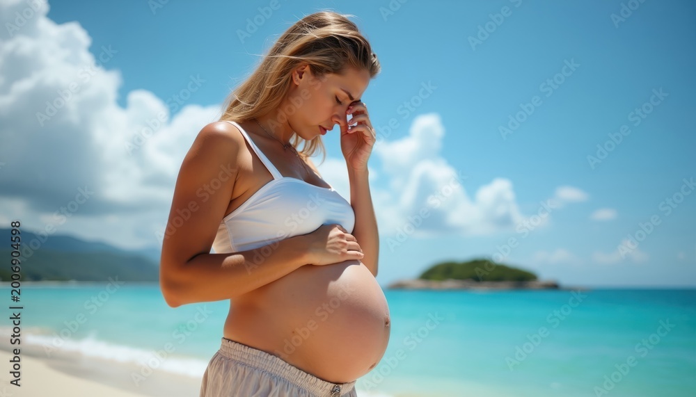 Fototapeta premium Pregnant woman feels sick on hot beach near blue ocean. She holds belly, rubs forehead. Summer vacation hazard, heat exhaustion risk. Expecting mom needs care.