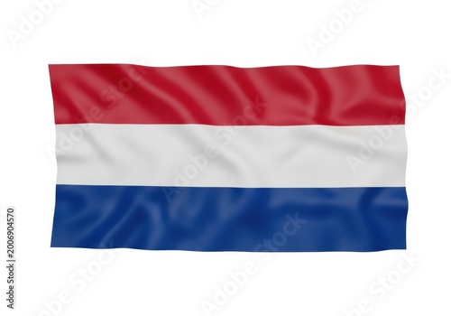 Flag of the netherlands waving in the wind, a tricolor flag with red, white, and dark blue horizontal stripes isolated on white background
