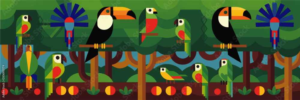 Fototapeta premium Colorful tropical birds and toucans in geometric flat vector rainforest illustration, seamless jungle background for kids and decor