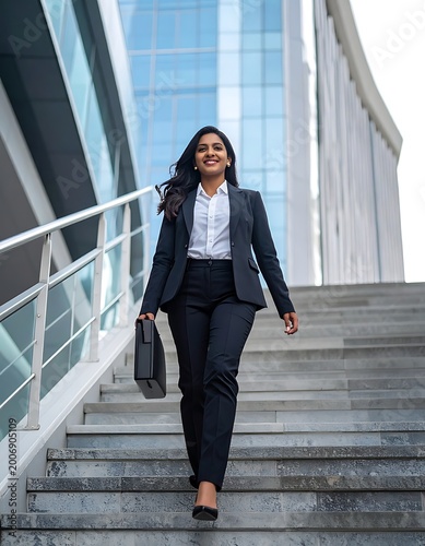 A woman in business attire walking down stairs outside office building