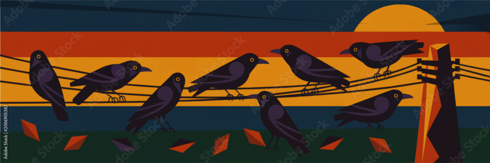 Fototapeta premium Retro sunset illustration with black birds on power lines, minimalist crow flock vector art, vintage striped sky background