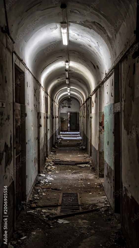 Fototapeta premium Abandoned prison corridor with arches.