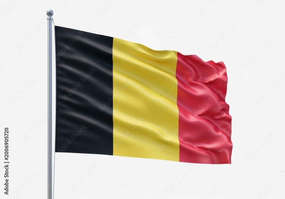 Obraz premium Flag of belgium waving on a flagpole, isolated on white background
