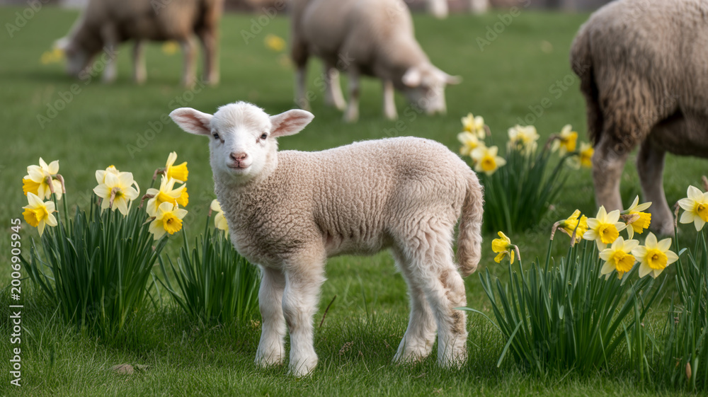 Obraz premium Sheep grazing peacefully in green meadow representing agriculture, farming lifestyle, and rural economy for nature and farm themed content 