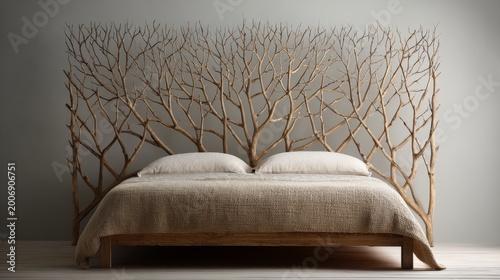 Rustic Bed with Branch Headboard: Natural Wood Design Blends Indoor Comfort with Outdoor Aesthetics