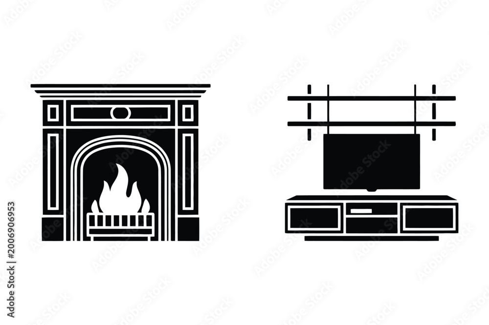 Fototapeta premium Modern tv stand and fireplace icon set with flat screen fireplace interior