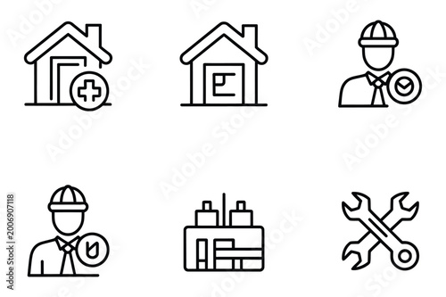 Fotografie Construction and engineering icons: house worker factory and tools with hard hat