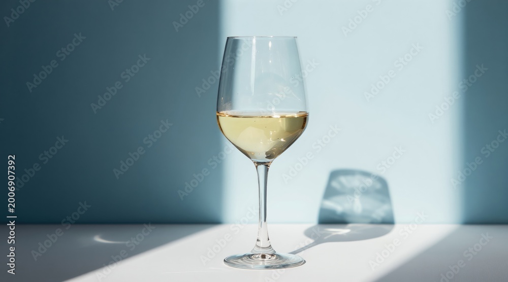 Fototapeta premium Glass of white wine with soft shadows. Refreshing drink for celebration. Elegant beverage for wine tasting event. Enjoy crisp flavor and aroma.
