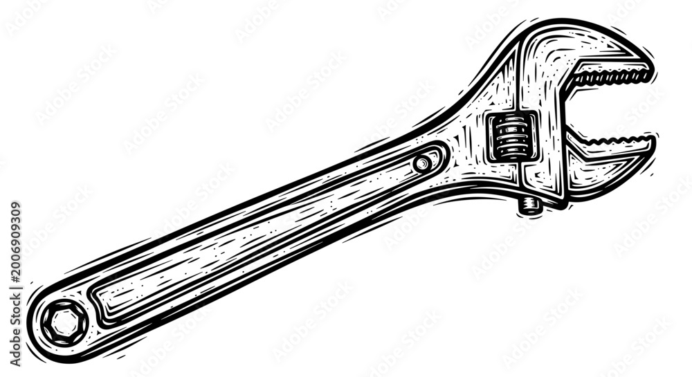 Obraz premium Vector Pinocut Adjustable wrench in an industrial style drawing.